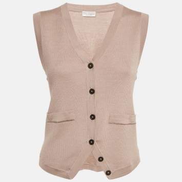 Pre Owned Brunello Cucinelli Beige Rib Knit Sleeveless Monili Bead Detail Cardigan S