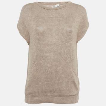 Pre Owned Brunello Cucinelli Beige Lurex Rib Knit Top XS 