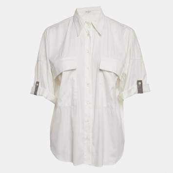 مملوكة مسبقًا Brunello Cucinelli White Cotton Blend Embellished Trim Short Sleeve Shirt S 