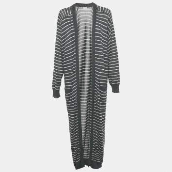 Pre Owned Brunello Cucinelli Grey Striped Cotton Sequin Long Cardigan L