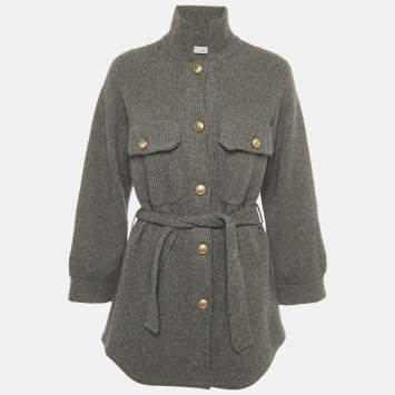 Pre Owned Brunello Cucinelli Grey Rib Knit Belted Jacket S