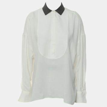 مملوكة مسبقًا Brunello Cucinelli Off White Monili-Collar Long Sleeve Shirt