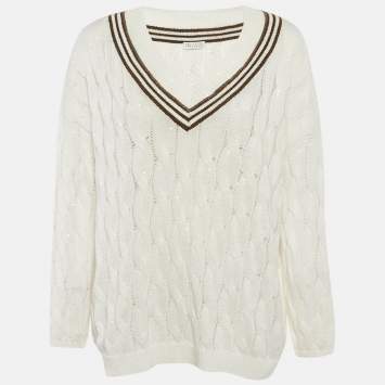 Pre Owned بلوفر برونيلو كوتشينيللي أبيض مجدل تفاصيل مونيلي محاكة كابل رقبة V مقاس كبير