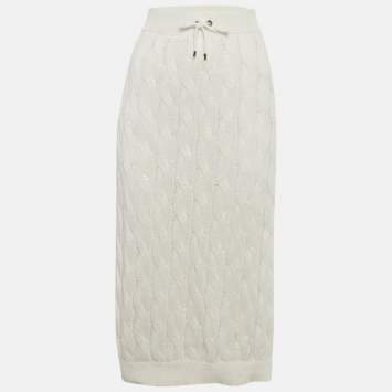 Pre Owned Brunello Cucinelli White Cable Knit Waist Tie Detail Midi Skirt XL