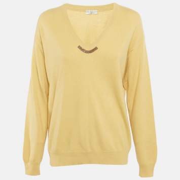 مملوكة مسبقًا Brunello Cucinelli Yellow Wool Knit Monili Detail Sweater M