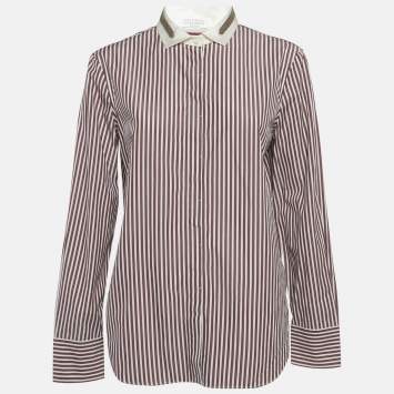 مملوكة مسبقًا Brunello Cucinelli Burgundy Striped Embellished Trim Cotton Shirt L