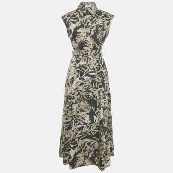 Pre Owned Brunello Cucinelli Grey Floral Print Cotton Belted Midi Dress S