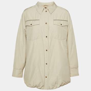 مملوكة مسبقًا جاكيت برونيللو كوتشينيللي مبطن بخليط صناعي بيج مزين بحافة مقاس كبير