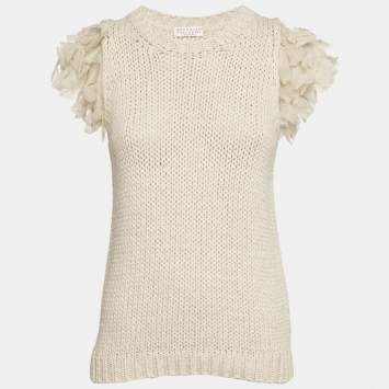 Pre Owned Brunello Cucinelli Cream Knit Sleeveless Top M
