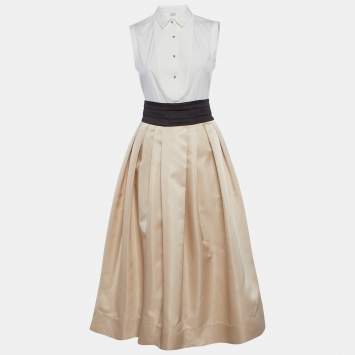 Pre Owned Brunello Cucinelli Beige/White Satin and Cotton Fit-And-Flare Midi Dress S