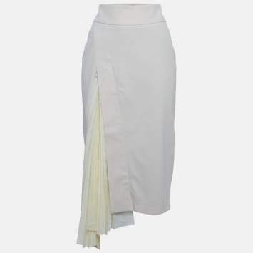 Pre Owned Brunello Cucinelli Cream Twill and Cotton Pleat Detail Midi Skirt M