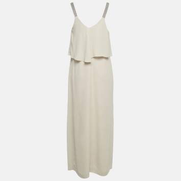Pre Owned Brunello Cucinelli Beige Crepe Flared Maxi Dress M