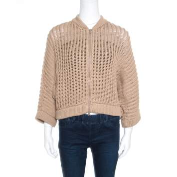 Pre Owned Brunello Cucinelli Camel Brown Chunky Knit Batwing Sleeve Cropped Cardigan XL