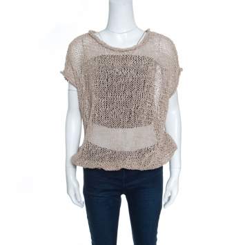Pre Owned Brunello Cucinelli Brown Faux Suede Open Knit Oversized Top L