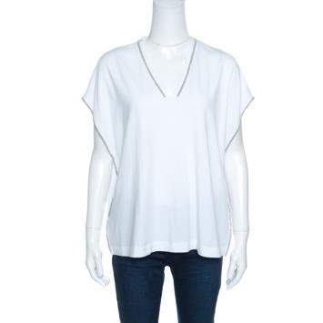 Pre Owned Brunello Cucinelli White Cotton Monili Trim Kaftan Top XXL