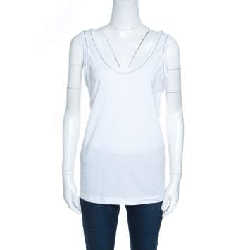 Pre Owned Brunello Cucinelli White Cotton Monili Trim Tank Top XXL