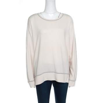Pre Owned Brunello Cucinelli Cream Cashmere Contrast Piped Dolman Sleeve Sweater XL