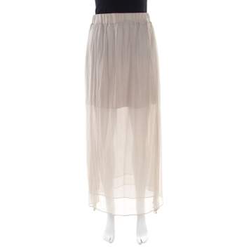 Pre Owned Brunello Cucinelli Grey Gathered Silk Semi Sheer Maxi Skirt S