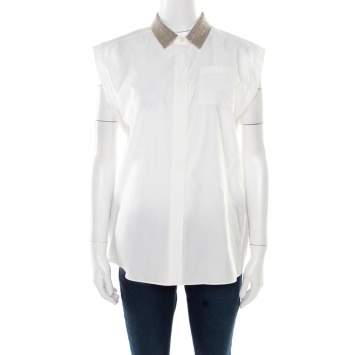 Pre Owned Brunello Cucinelli Off White Monili Collar Detail Sleeveless Shirt XL