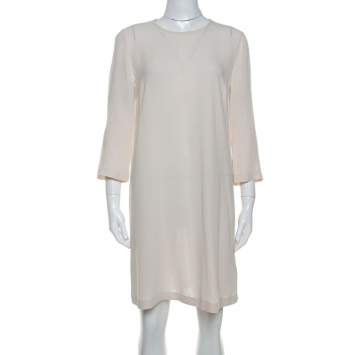 Pre Owned Brunello Cucinelli Cream Silk Beaded Collar Detail Shift Dress M