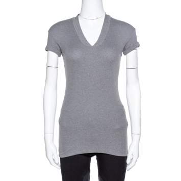 مملوكة مسبقًا Brunello Cuccinelli Grey Rib Knit Beaded Neck Fitted Top S