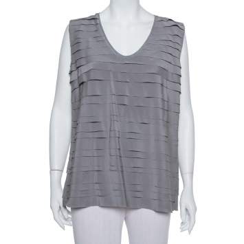 Pre Owned Brunello Cucinelli Grey Silk Ruffled Sleeveless Top XXL