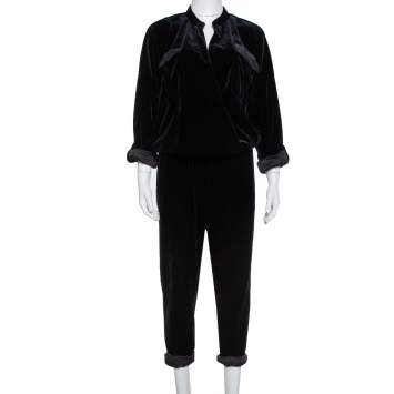 Pre Owned Brunello Cucinelli Black Velvet Faux Wrap Jumpsuit L