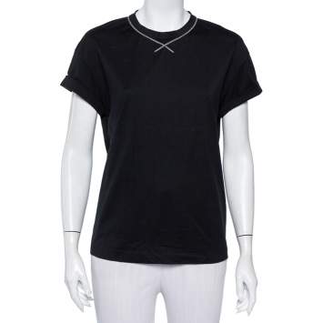 مملوكة مسبقًا Brunello Cucinelli Black Cotton Emnbellished Neck T-Shirt M