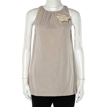 Pre Owned Brunello Cucinelli Beige Cotton Knit Applique Detail Sleeveless Tunic M