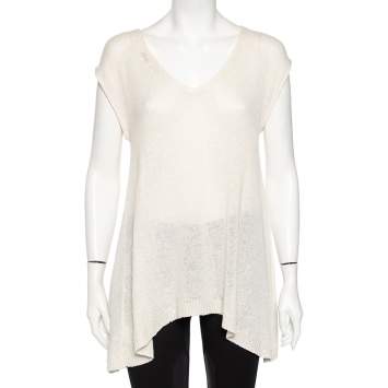 Pre Owned Brunello Cucinelli Off-White Linen Knit Embellished Asymmetrical Sweater XL 