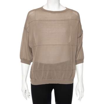Pre Owned Brunello Cucinelli Light Brown Knit Embellished Detail Oversized Top M 