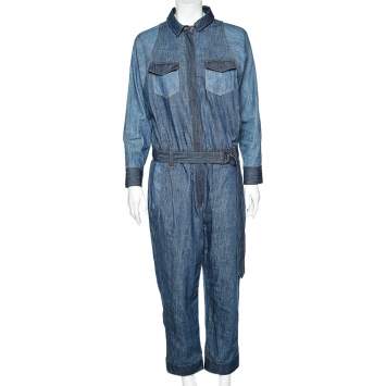 Pre Owned Brunello Cucinelli Navy Blue Denim Embellished Pocket Belted Jumpsuit M