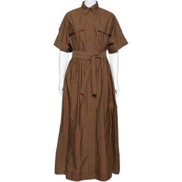Pre Owned Brunello Cucinelli Brown Cotton Button Front Belted Dress S 