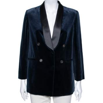 Pre Owned Brunello Cucinelli Blue Velvet & Satin Lapel Detailed Double Breasted Blazer M