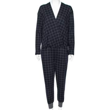 Pre Owned Brunello Cucinelli Navy Blue Checkered Wool Jumpsuit L