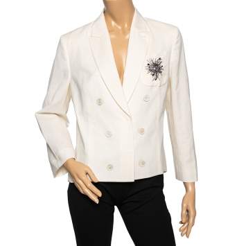 Pre Owned Brunello Cucinelli Cream Linen & Wool Embellished Detail Double Breasted Blazer L