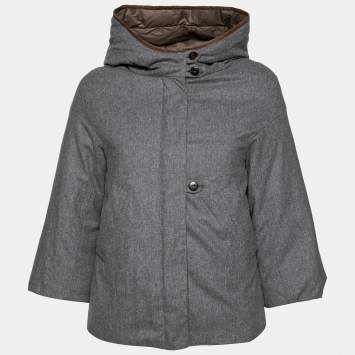 Pre Owned Brunello Cucinelli Grey Wool & Leather Trimmed Hooded Jacket S
