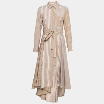 Pre Owned Brunello Cucinelli Brown Striped Cotton Belted Flared Shirtdress M 