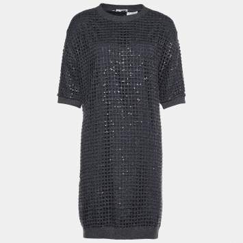 Pre Owned Brunello Cucinelli Grey Cashmere Open Knit Sequined Dress L