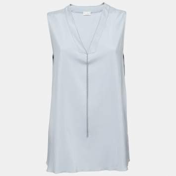 Pre Owned Brunello Cucinelli Grey Silk Beaded Neck Detail Sleeveless Top XL