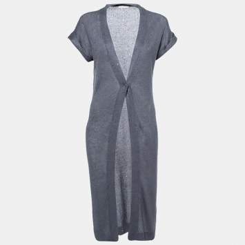 Pre Owned Brunello Cucinelli Grey Knit Sequin Embellished Long Cardigan L