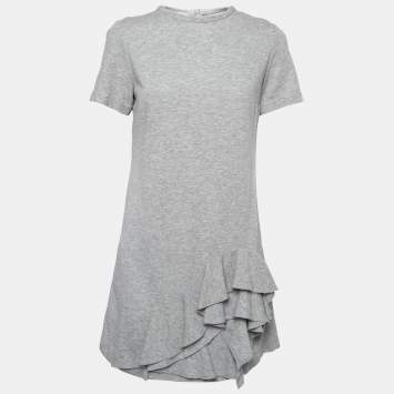 Pre Owned Brunello Cucinelli Grey Stretch-Cotton Layered Ruffle Bottom Dress M   