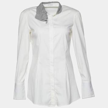 Pre Owned Brunello Cucinelli Off-White Cotton Monili Detail Long Sleeve Shirt S