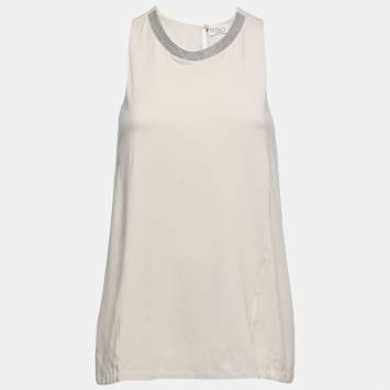 Pre Owned Brunello Cucinelli Ecru Jersey & Silk Paneled Monili Trim Tank Top S