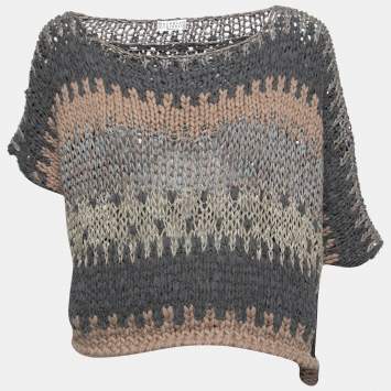 Pre Owned Brunello Cucinelli Beige Crochet Knit Sequined Asymmetric Jumper XL