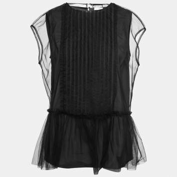 Pre Owned Brunello Cucinelli Black Silk Tulle Overlay Pleated Top M
