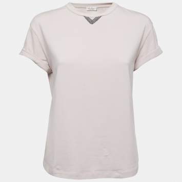 Pre Owned Brunello Cucinelli Light Grey Cotton Embellished T-Shirt XS