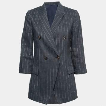 Pre Owned Brunello Cucinelli Charcoal Grey Striped Linen-Blend Blazer S