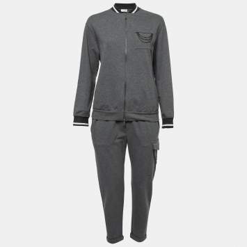 Pre Owned Brunello Cucinelli Grey Cotton Knit Embellished Jacket & Pants Set S