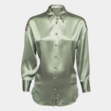 Pre Owned Brunello Cucinelli Green Silk Embellished Button Front Shirt S